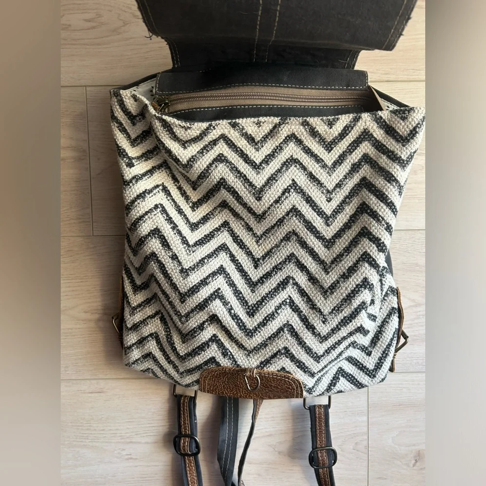 Myra Chevron Brown and White Patterned Backpack with Cowhide Flap.